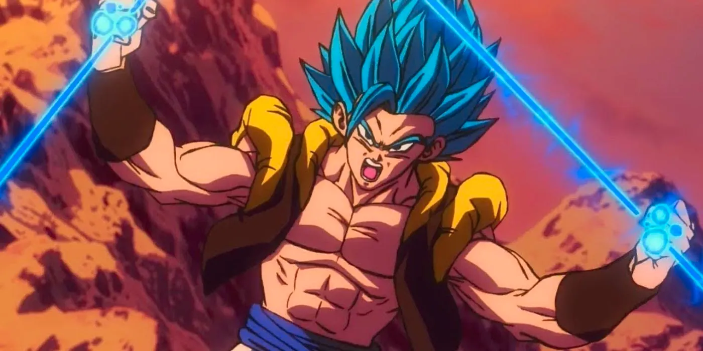 Dragon Ball Super's Gogeta unleashing a powerful attack in Super Saiyan Blue form as he screams. Image