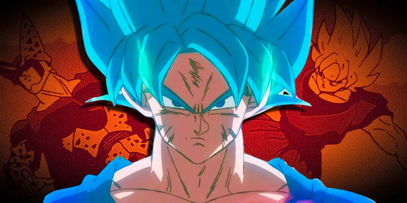 Dragon Ball's Super Saiyan Blue Goku grimacing over an image of Goku kicking Cell colored orange. Image