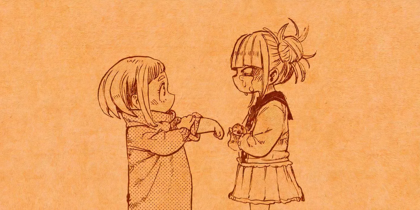 Drawing of young Himiko Toga and Ochaco Uraraka standing in front of one another Image