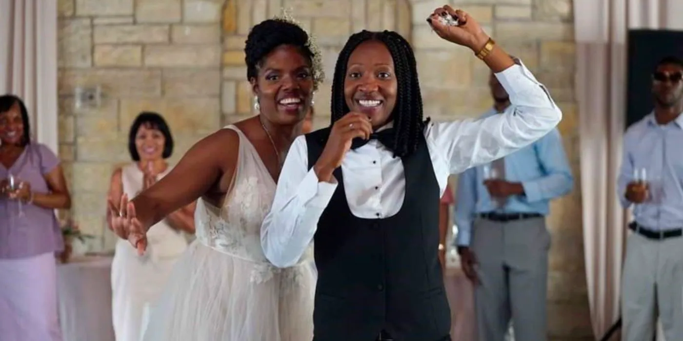 Dre (Miriam Hyman) and Nina (Tyla Abercrumbie) celebrating their wedding in The Chi. Image