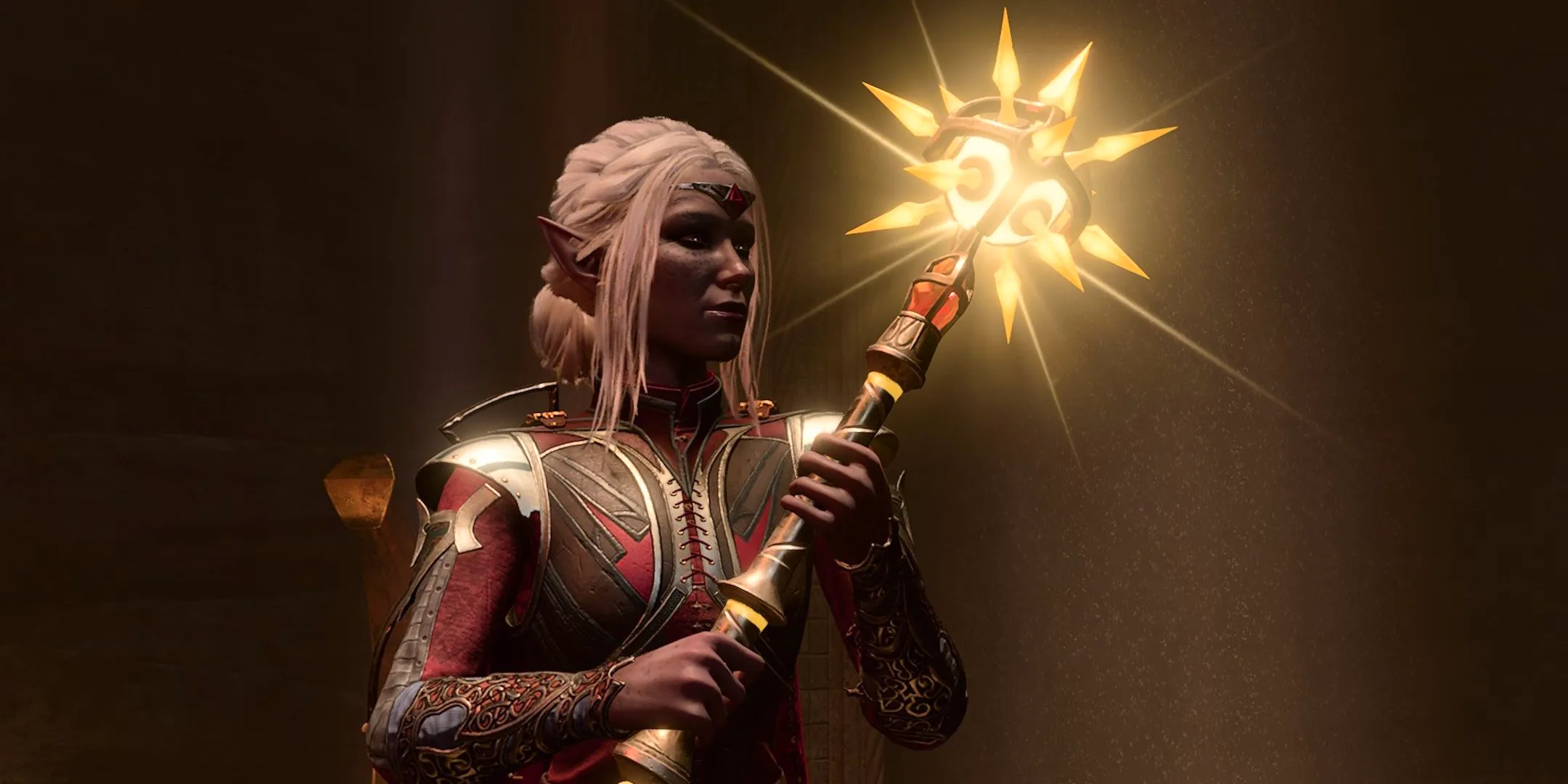 Drow Dark Urge holds the glowing Blood of Lathander mace in Baldur's Gate 3. Image