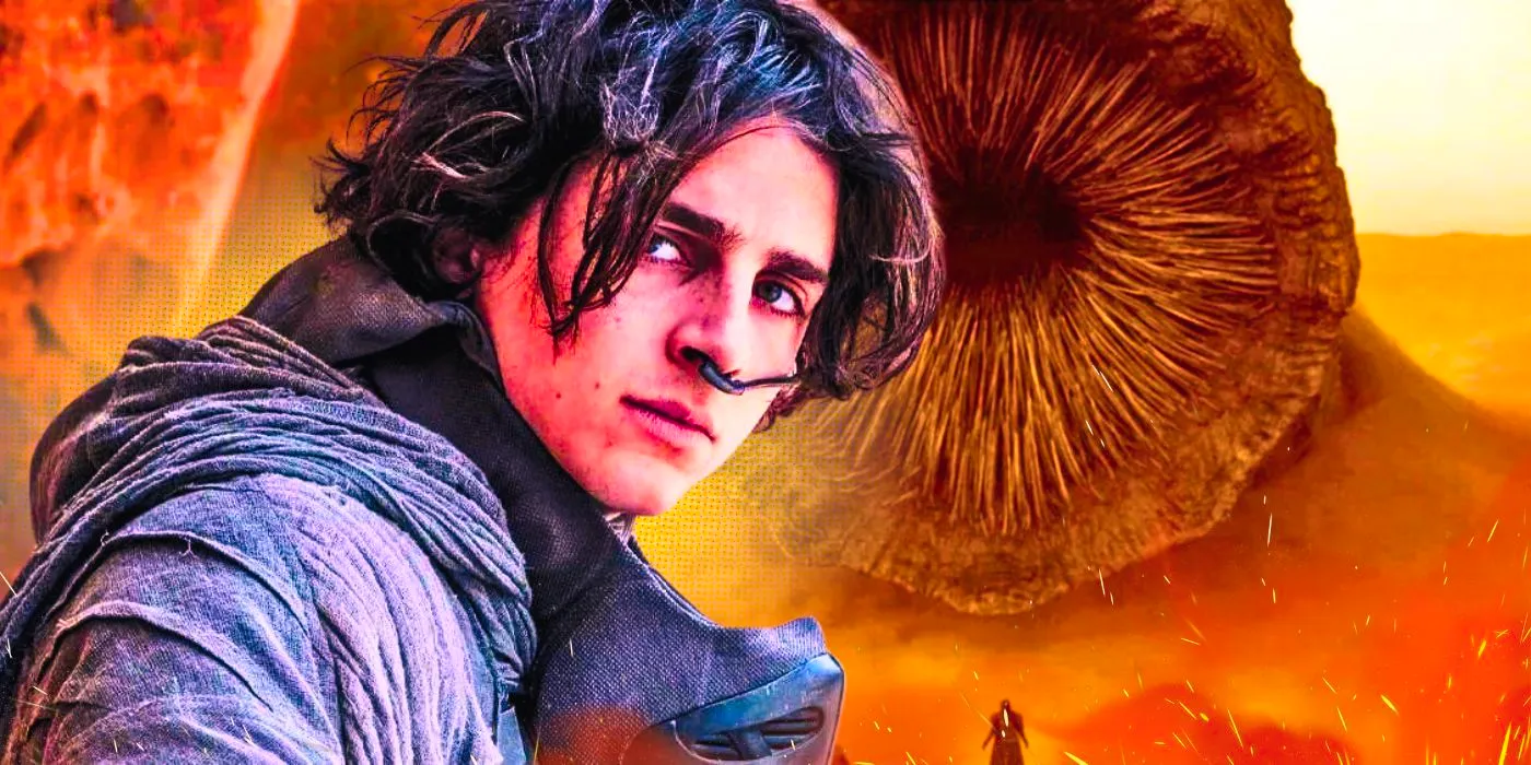 Dune 2's Paul Atreides (Timothee Chalamet) with a sandworm in the background. Image