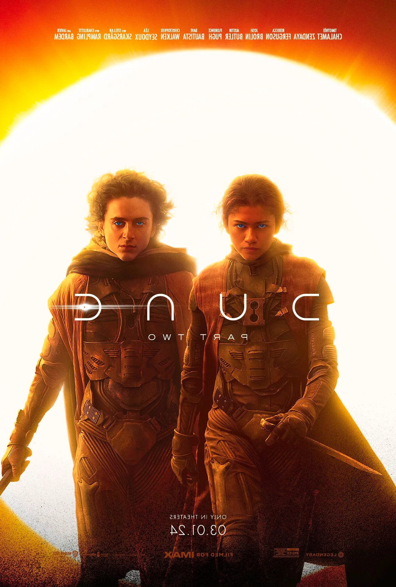 Dune Part 2 Poster Showing Timothee Chalamet as Paul Atreides and Zendaya as Chani Holding Daggers Image