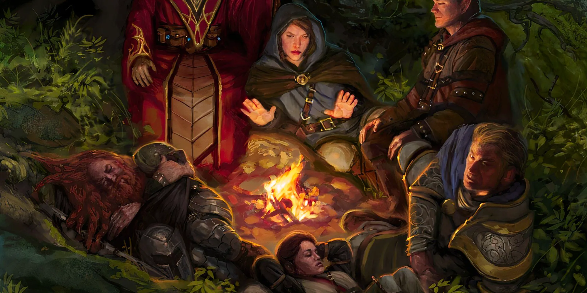 Dungeons And Dragons adventuring party with 6 members, 3 trying to sleep facing away from a fire, while 3 talk and warm themselves by it. Image