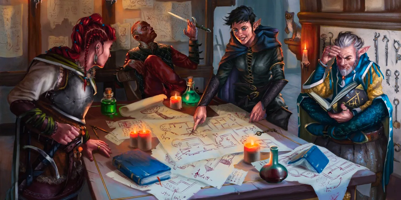 Dungeons and Dragons Book art Keys From The Golden Vault, with a party of four adventurers standing around a table looking at several maps Image