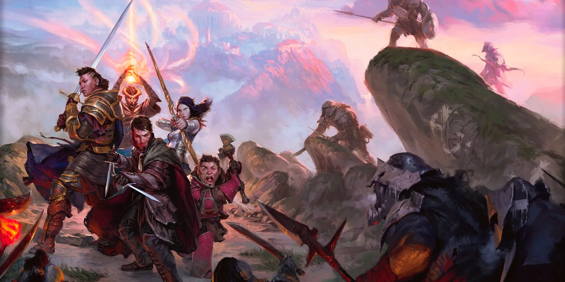 Dungeons and Dragons party fighting against enemies on rocks.  Image