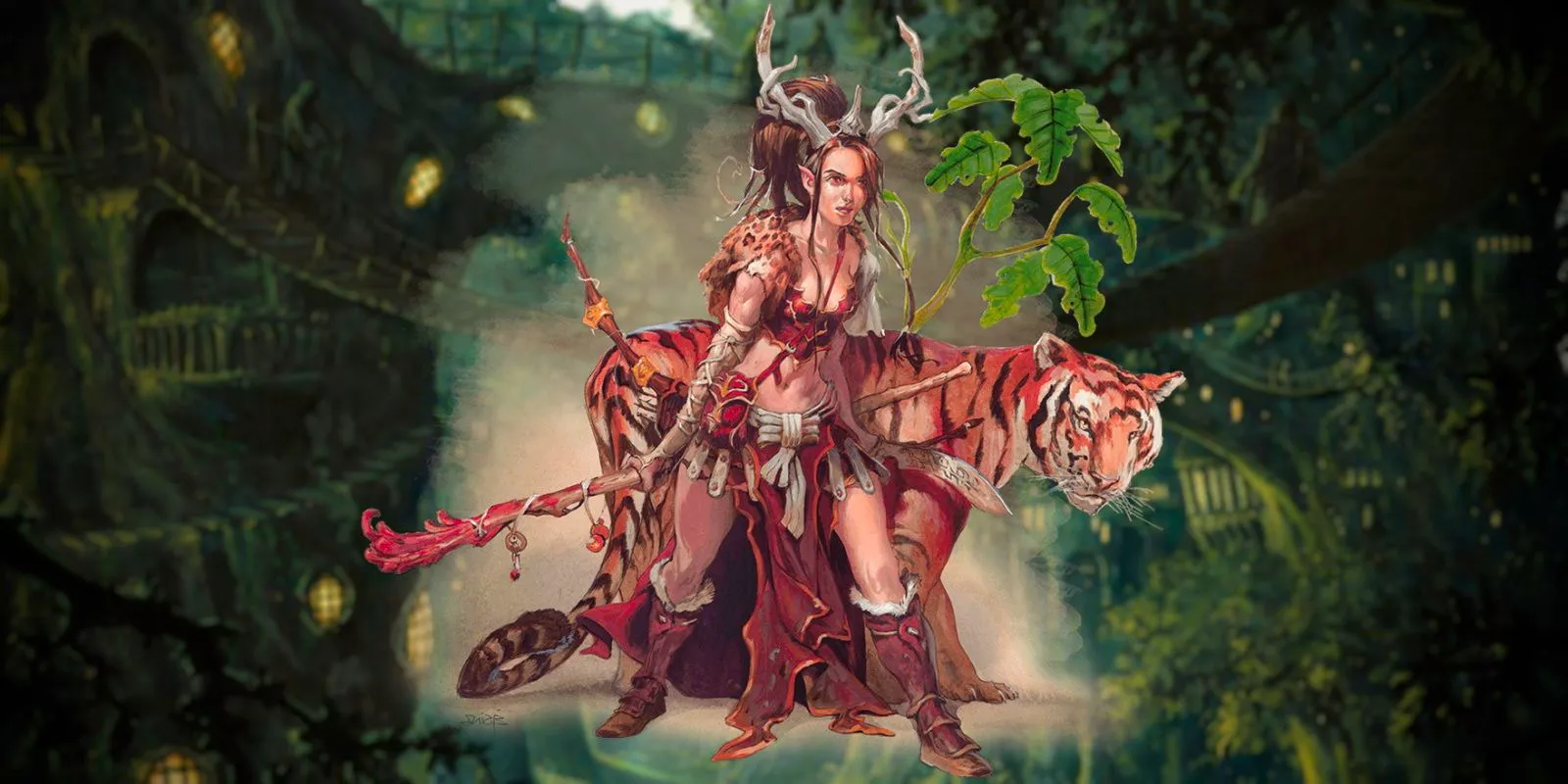 Dungeons & Dragons Druid stood in front of a forest background with their tiger. Image