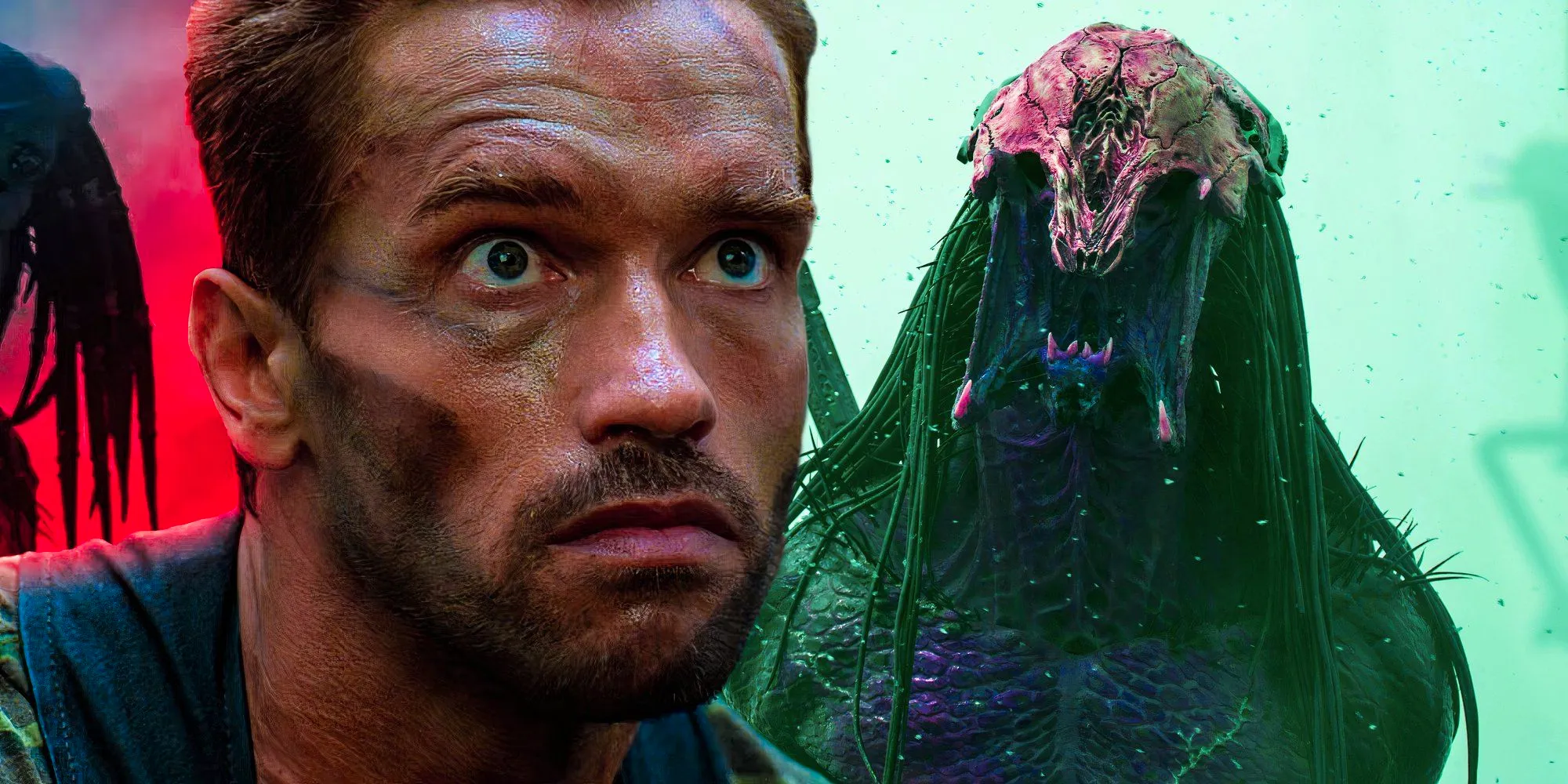 Dutch looking concerned in Predator (1987) next to the Yautja roaring in Prey (2022) Image