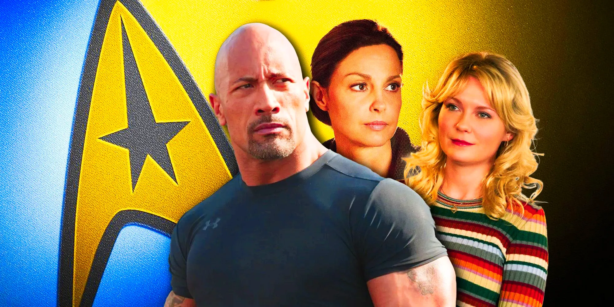 Dwayne Johnson, Ashley Judd, & Kirsten Dunst with the Star Trek logo Image