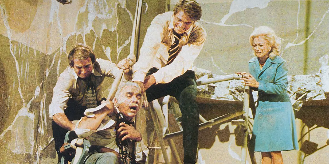 Earthquake 1974 showing Charlton Heston And Ava Gardner helping to save an older man from a damaged building Image