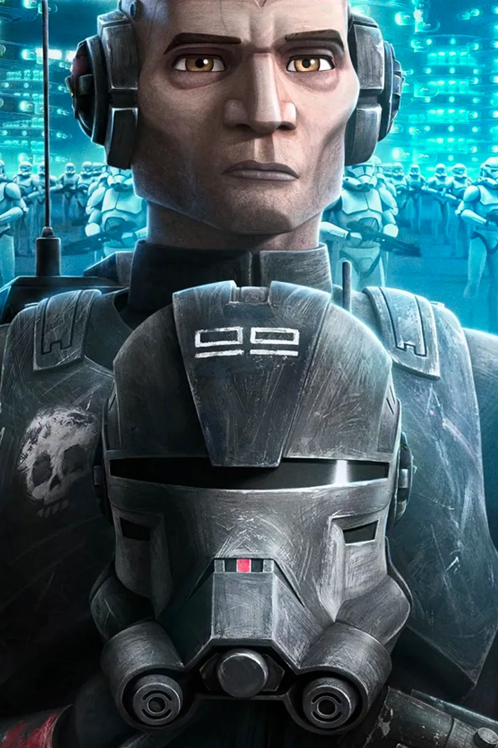 Echo From Star Wars the Bad Batch Holding his Helmet in Front of a Clone Army Image