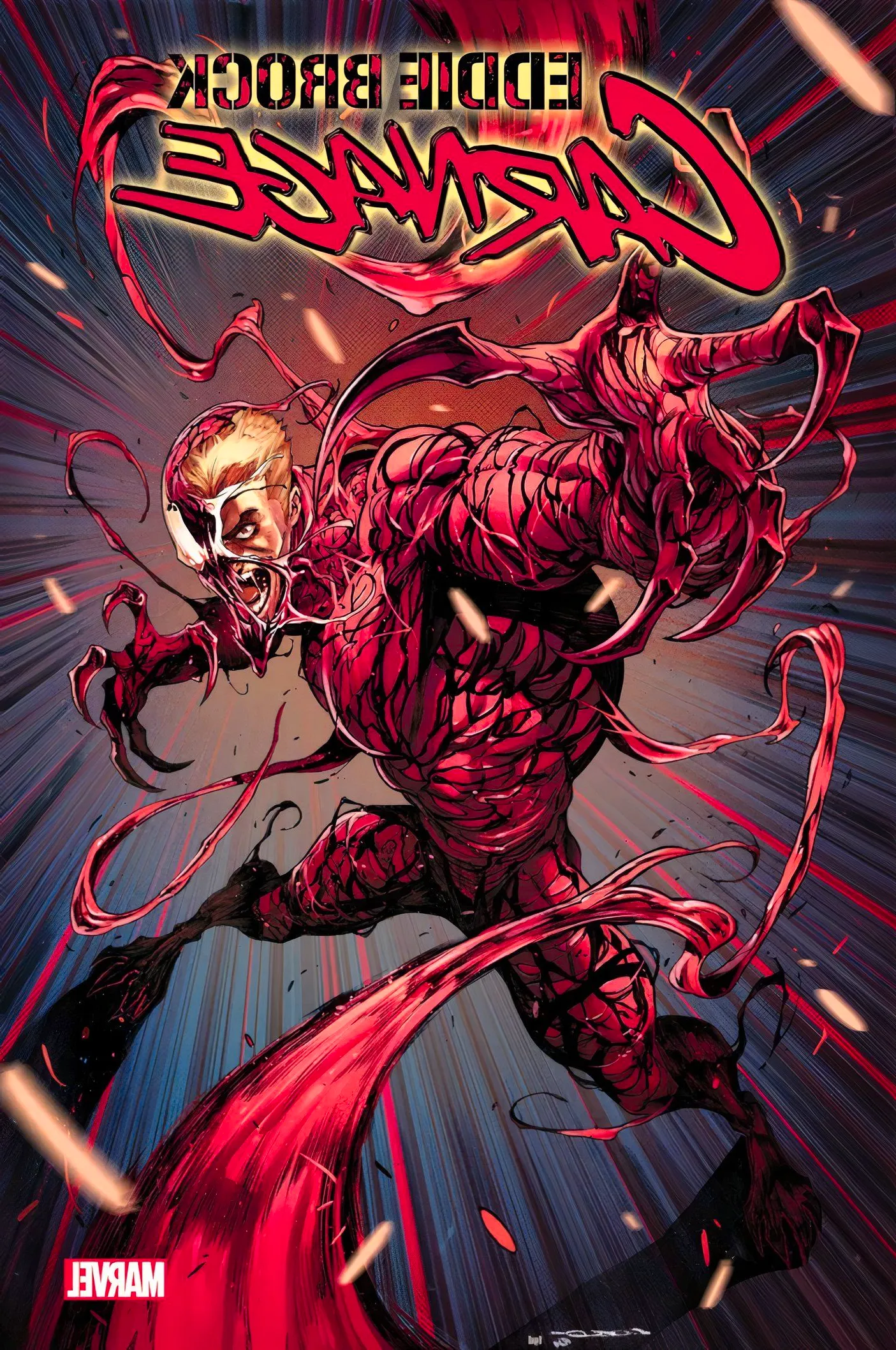 Eddie Brock: Carnage #1 cover, Brock being consumed by the Carnage symbiote as its tendrils shoot in every direction. Image