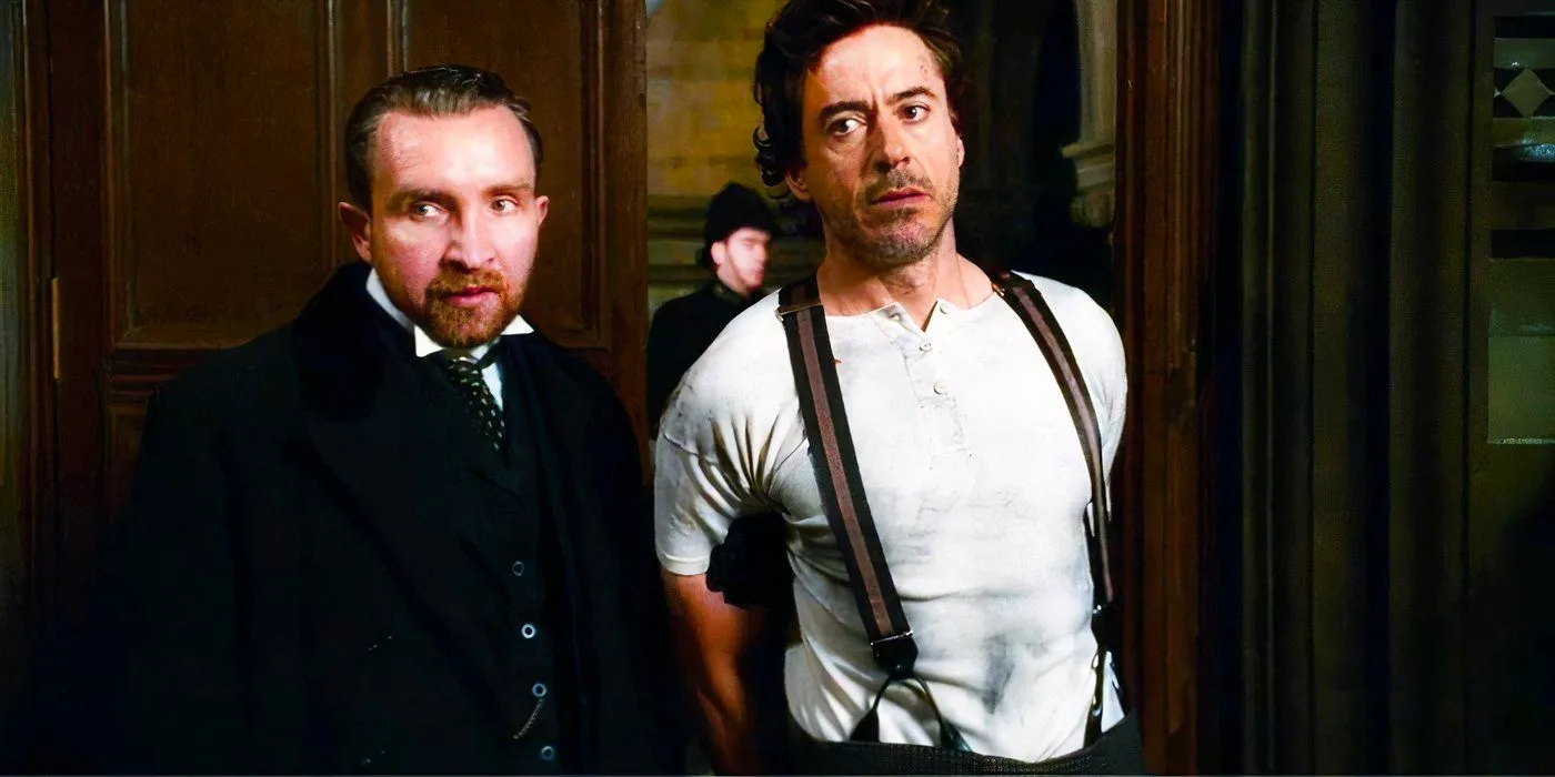 Eddie Marsan as Inspector Lestrade and RObert Downey Jr. as Sherlock Holmes in Sherlock Holmes. Image