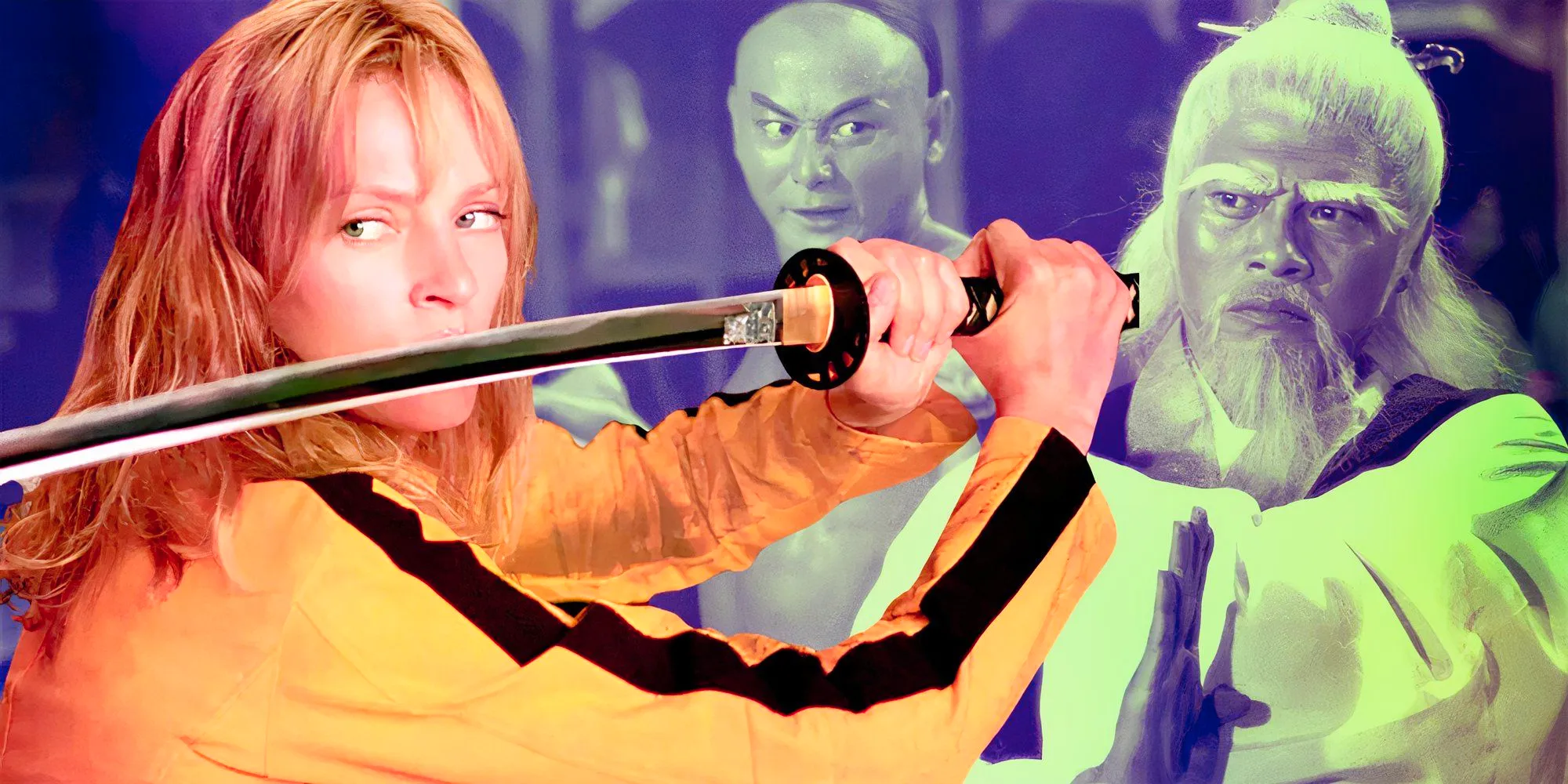 Edited image featuring Uma Thurman as the Bride in Kill Bill, and shots from some of the kung fu movies referenced by the film. Image