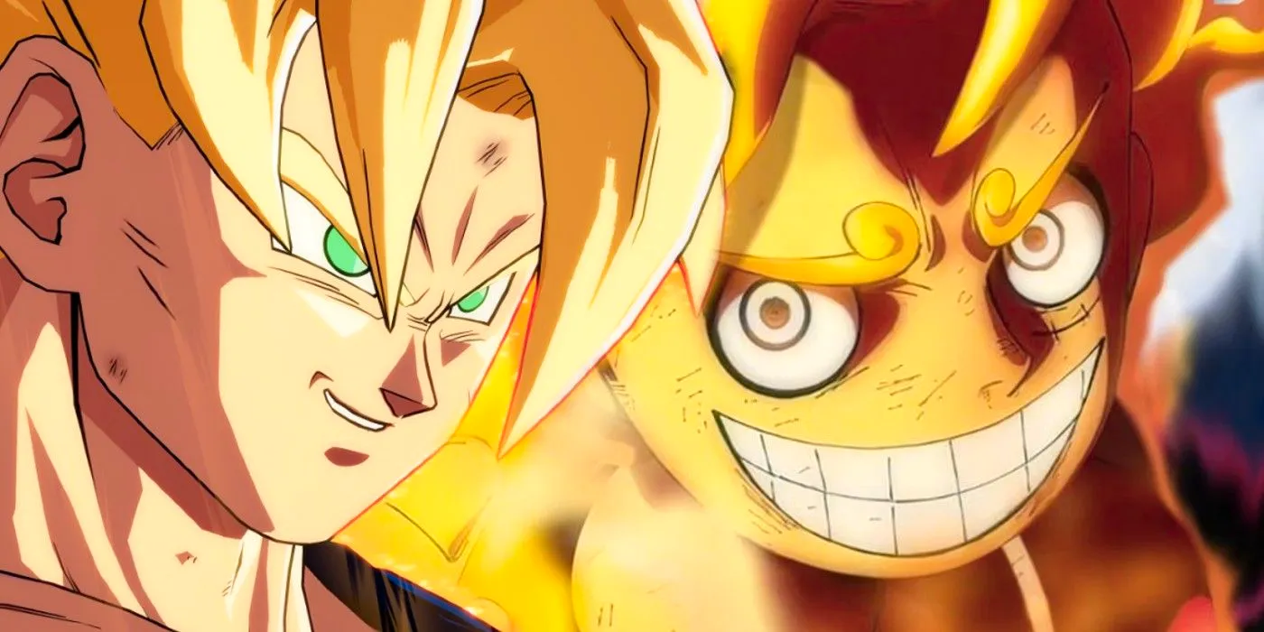 Edited image of One Piece Gear 5 Luffy with a golden color scheme on the left with Goku from Dragon Ball smiling in Super Saiyan form on the right. Image