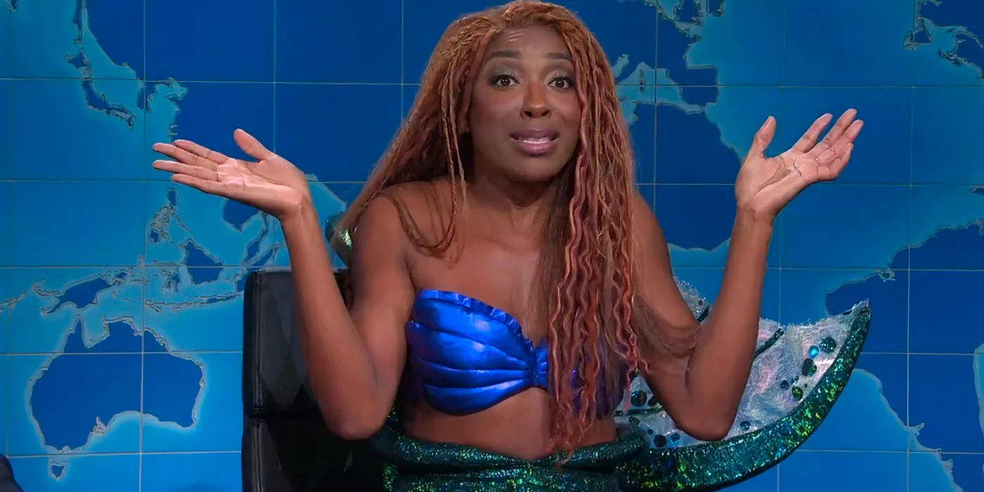 Ego Nwodim dressed as Ariel on Weekend Update for Saturday Night Live Image