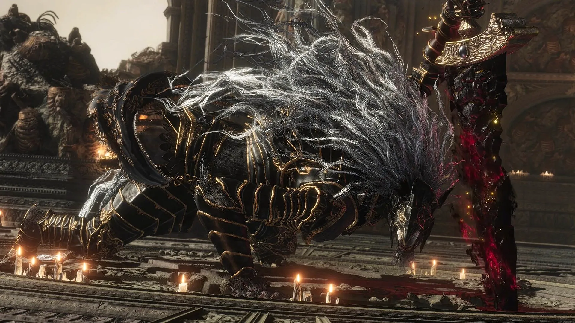 Elden Ring's Maliketh, the Black Blade, in full armor and holding his accursed blade is on all fours on the ground, as a wolf ready to attack the Tarnished he looks at, which is off-screen in the screenshot. Image