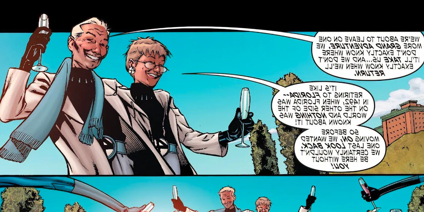 Elderly Reed Richards and Sue Storm cheers-ing talking about their final grand adventure Image