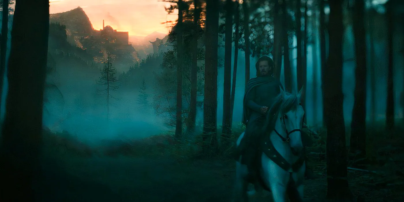 Elendil riding away from Númenor in the Palantir vision in The Rings of Power season 2 (2024) Image