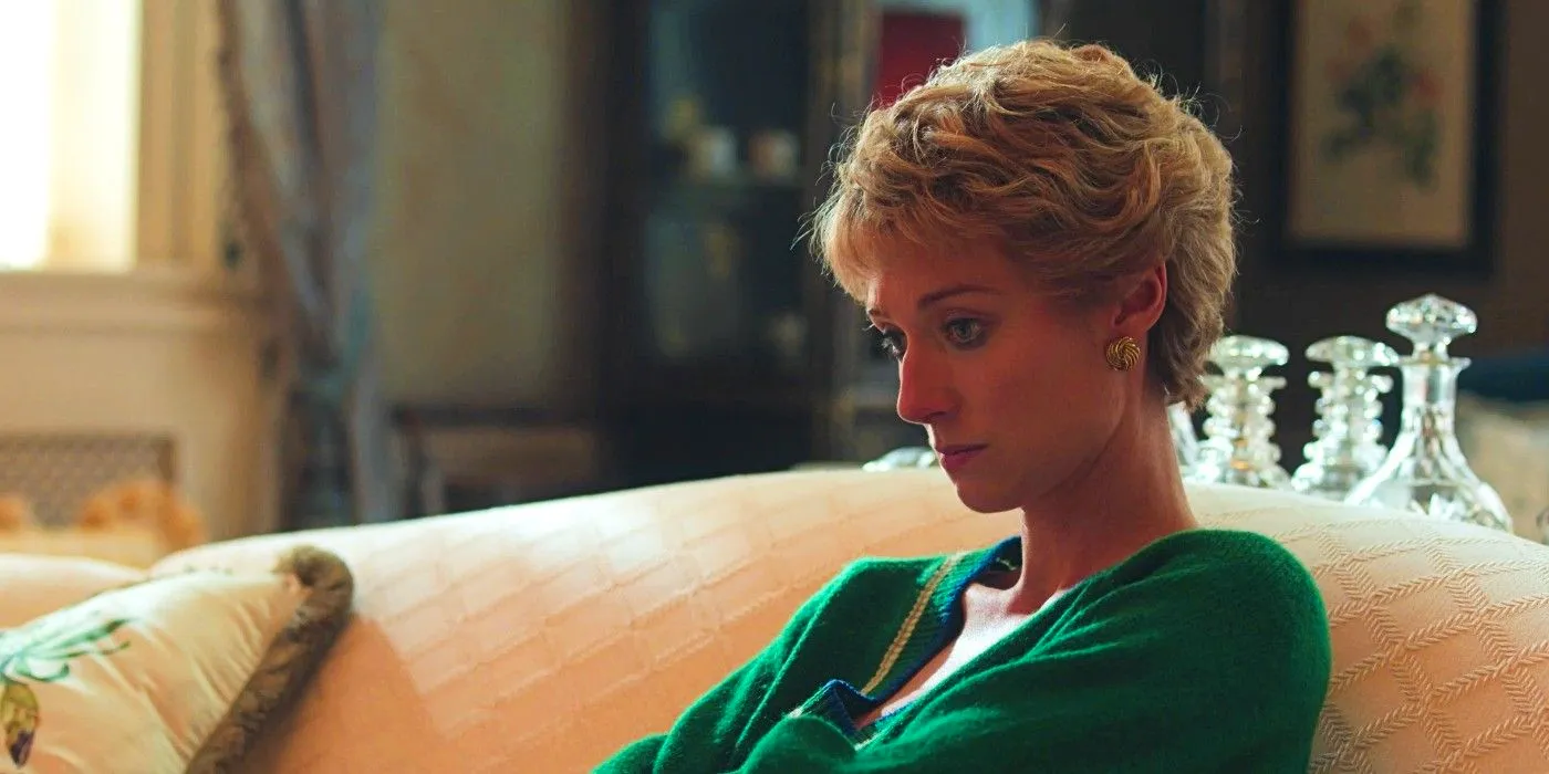 Elizabeth Debicki as Princess Diana sitting on a couch in a green sweater in The Crown season 6 Image