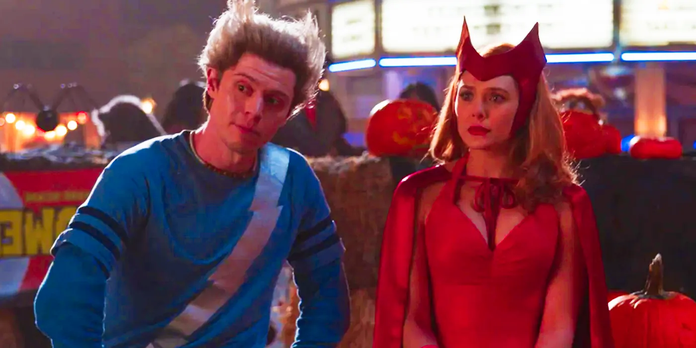 Elizabeth Olsen as Wanda Maximoff and Evan Peters as Ralph Bohner as Pietro Maximoff in Halloween superhero costumes in WandaVision Image