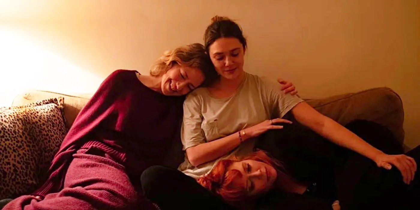 Elizabeth Olsen, Natasha Lyonne, and Carrie Coon in His Three Daughters. Image