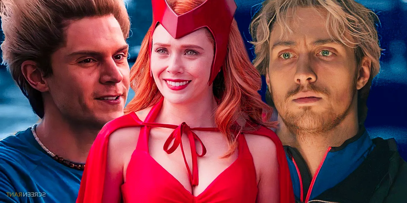 Elizabeth Olsen's Scarlet Witch in her Halloween costume in WandaVision with Aaron Taylor-Johnson and Evan Peters' MCU Quicksilvers on each side Image