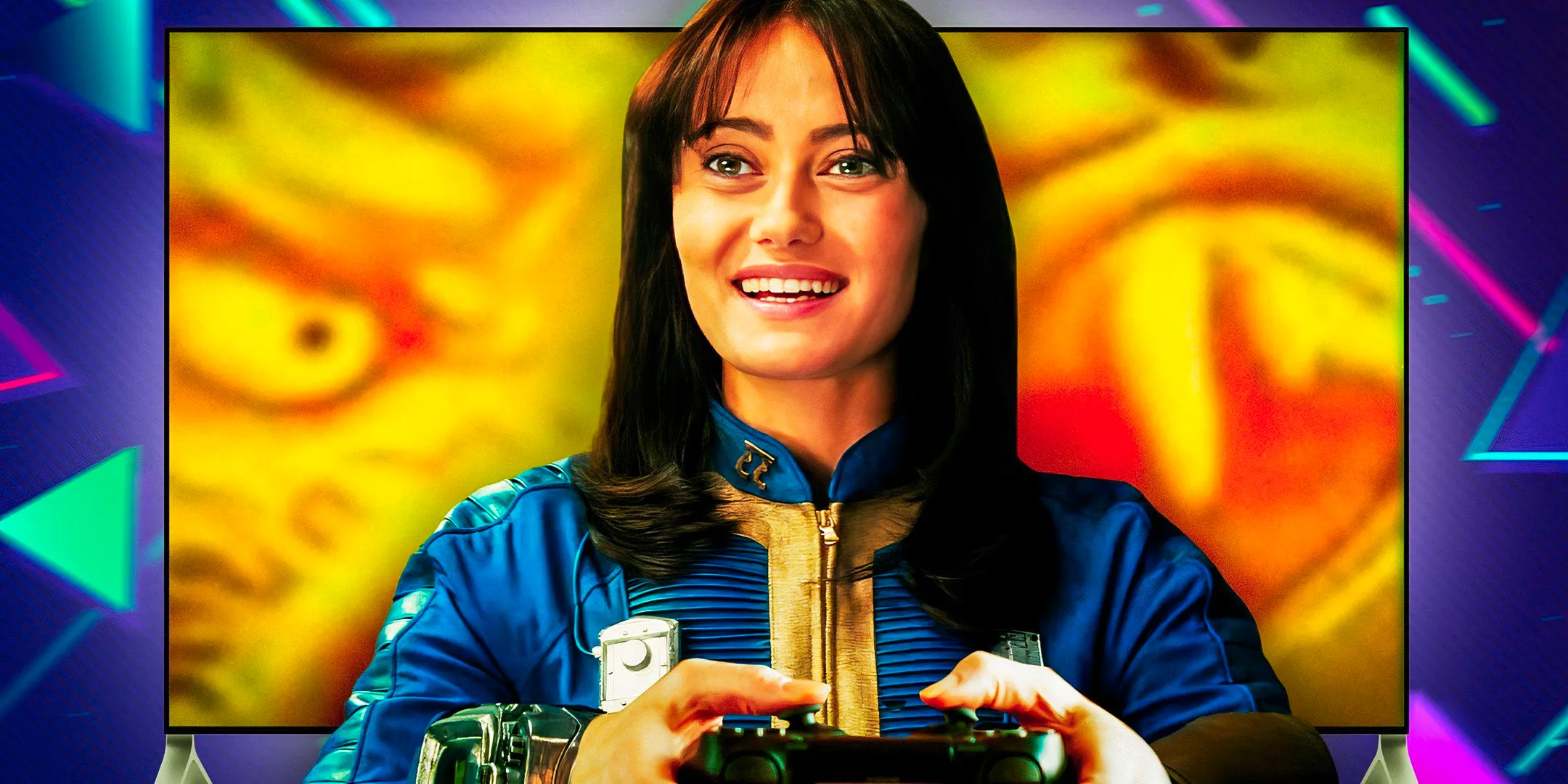 Ella Purnell as Lucy MacLean grinning in front of a TV in Fallout Image