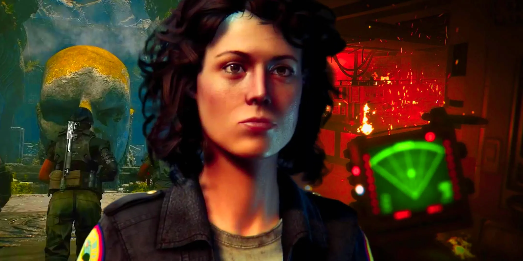 Ellen Ripley from Alien: Isolation with gameplay from Alien: Isolation and Aliens: Fireteam Elite behind her. Image