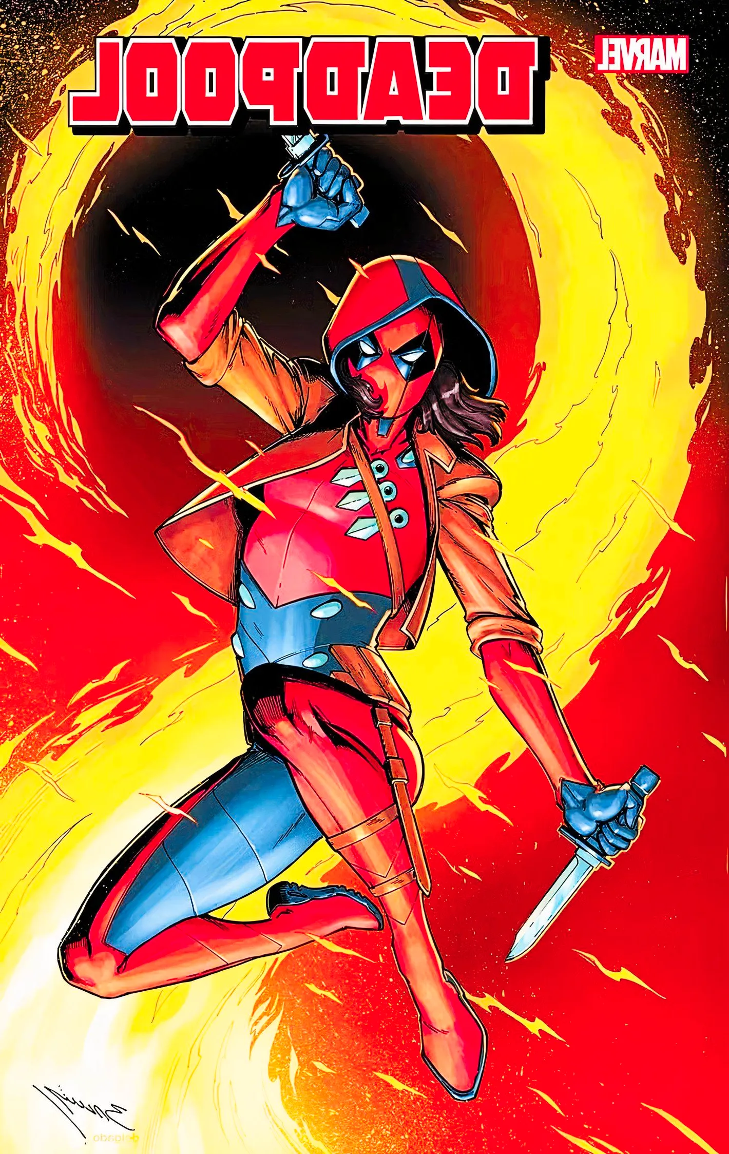 Ellie as Deadpool on the cover of Deadpool #7, duel-wielding knives against a fiery backdrop. Image