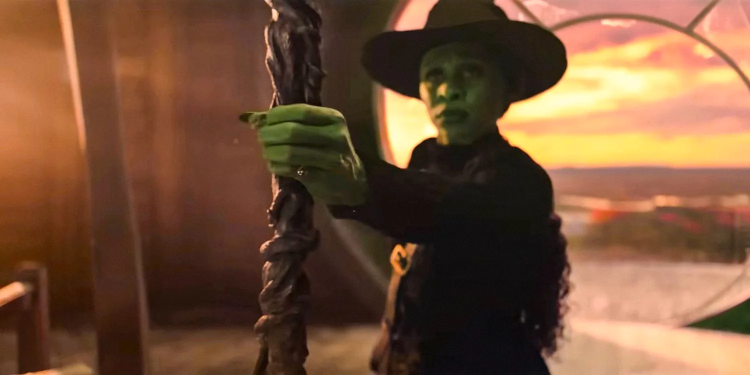 Elphaba (Cynthia Erivo) gripping her magical broom tightly in Wicked  Image