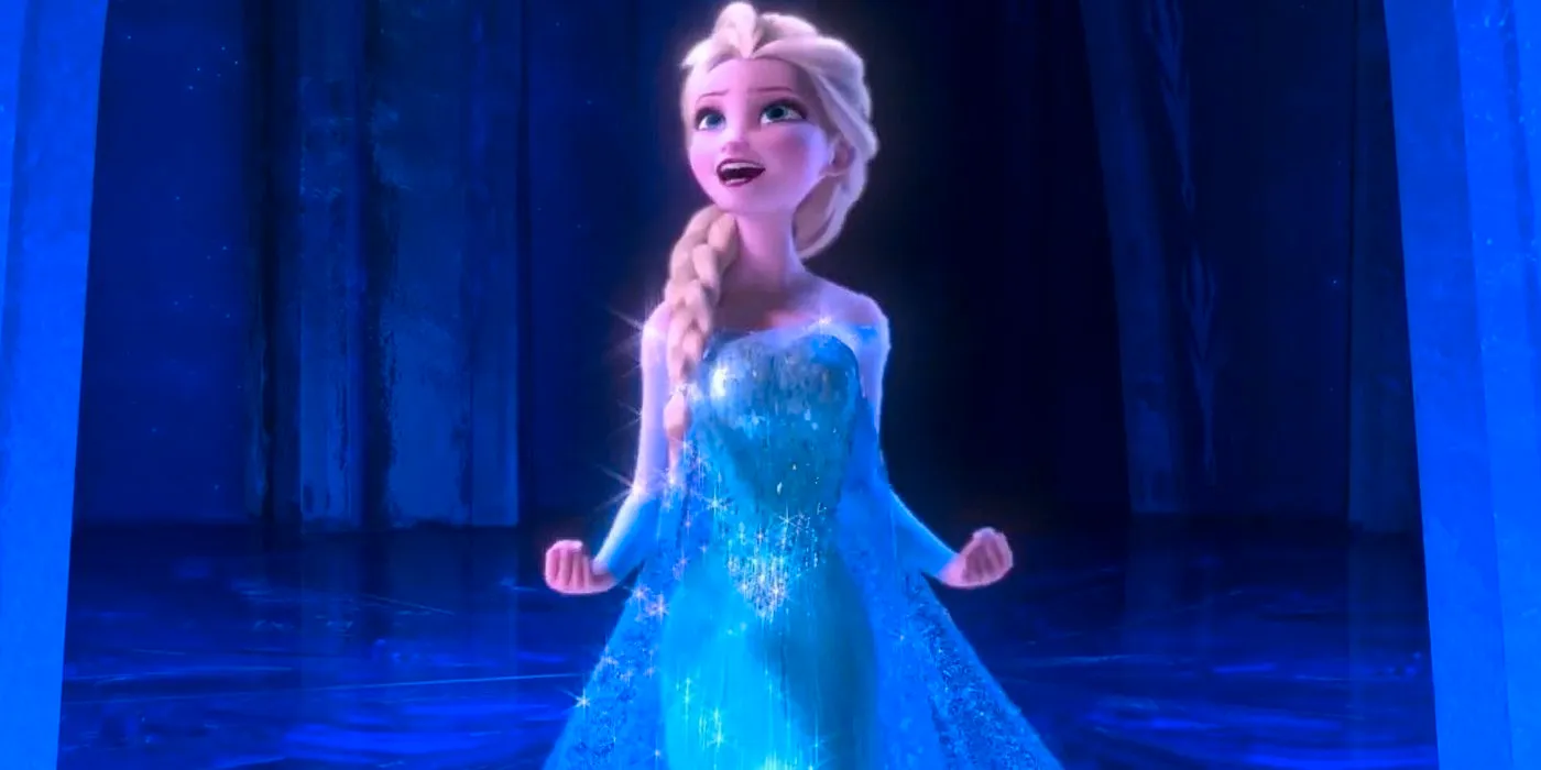 Elsa singing Let It Go from her ice castle in Frozen Image