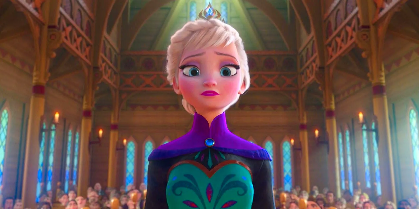 Elsa standing tall at her coronation while looking nervous in Frozen Image