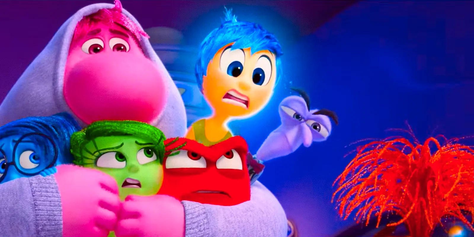 Embarrassment hugging Fear, Joy, Anger, Disgust, and Sadness in Inside Out 2 Image