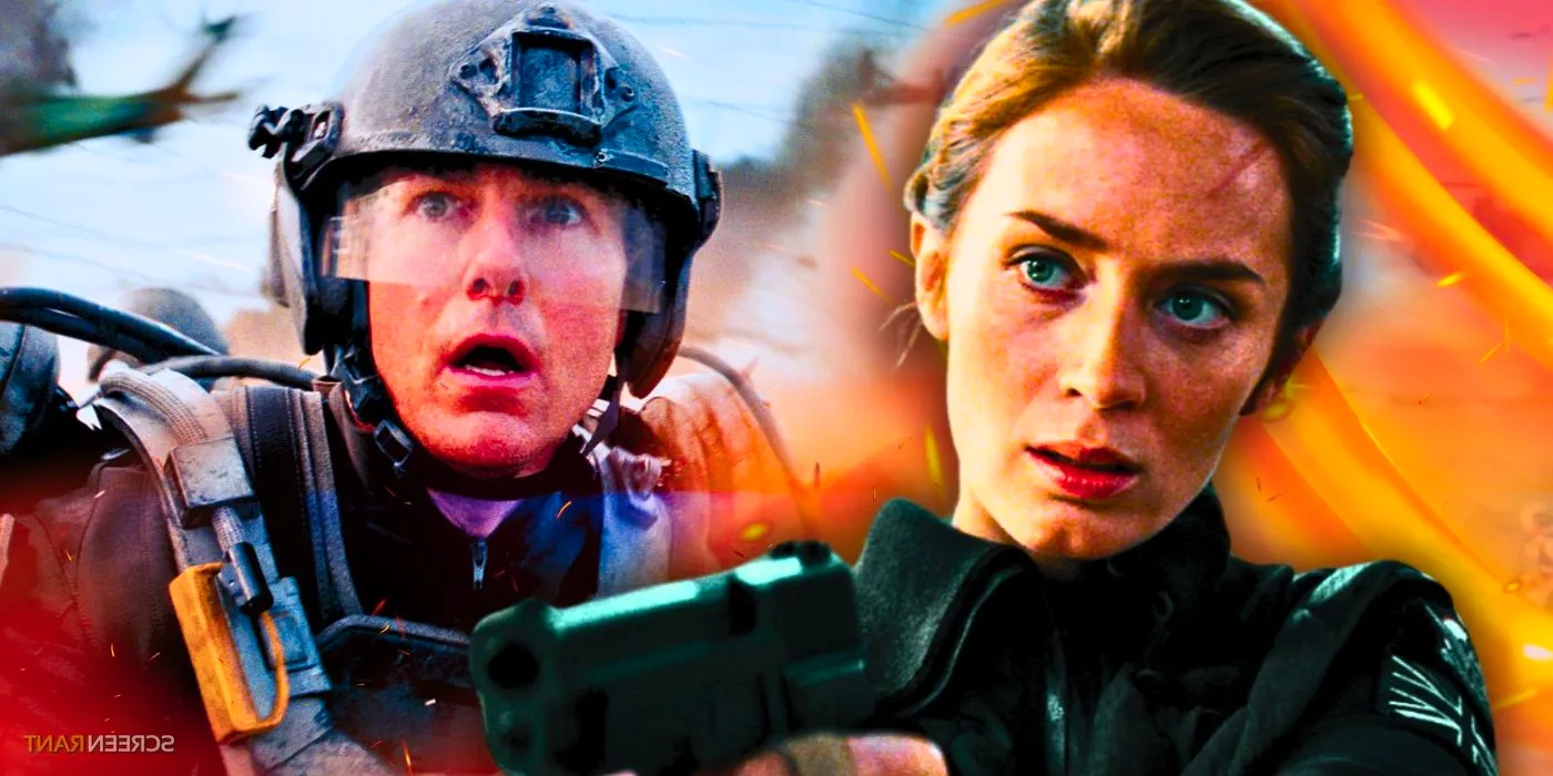 Emily Blunt's Rita pointing at gun in Edge of Tomorrow alongside Tom Cruise's Cage in battle armor Image