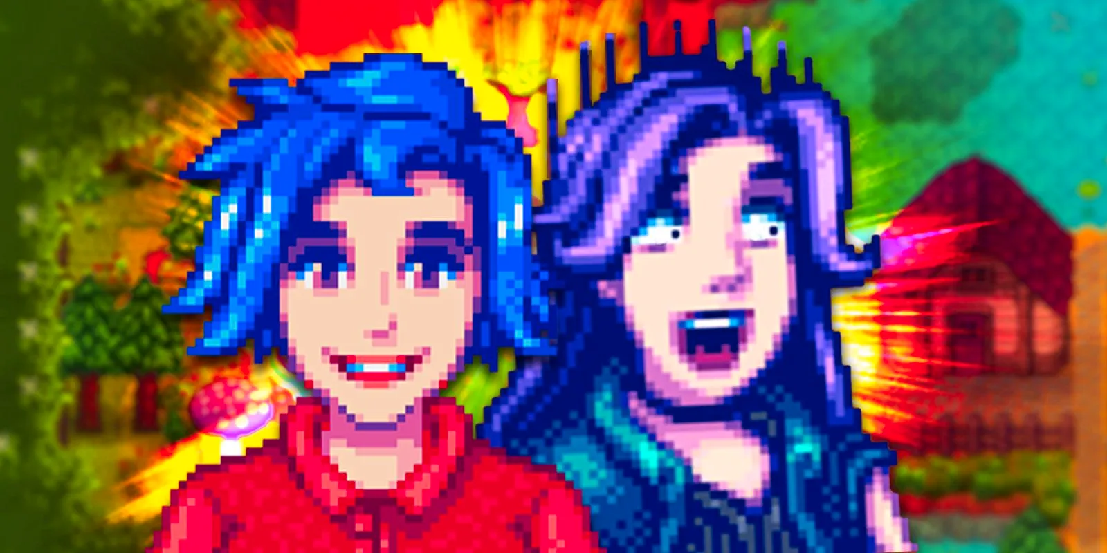 Emily smiling while Abigail looks shocked in Stardew Valley. Image