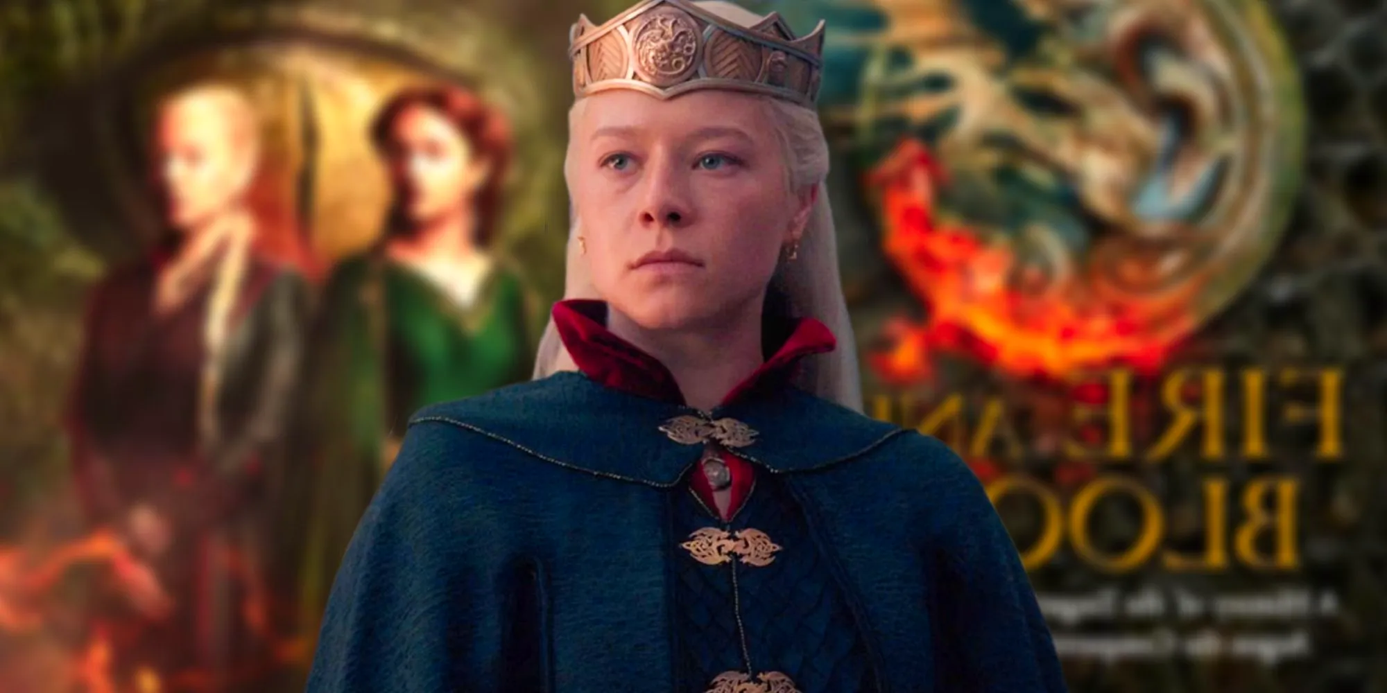 Emma D'Arcy as Rhaenyra Targaryen in House of the Dragon (2022-) between blurred images of the Fire and Blood book and the poster for House of the Dragon Image