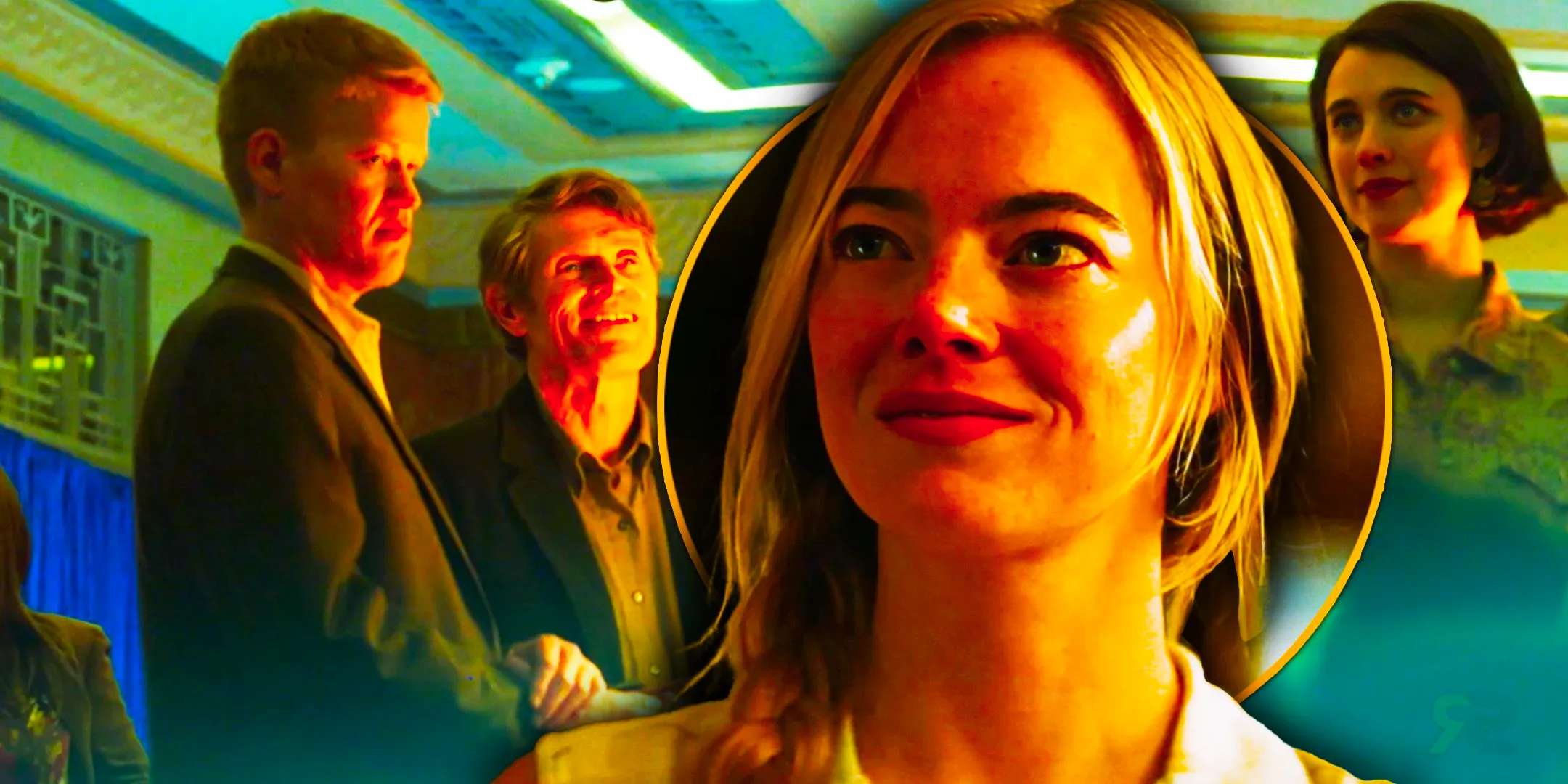 Emma Stone smiling with twinkling eyes in Kinds of Kindness while three other characters look on in the background Image