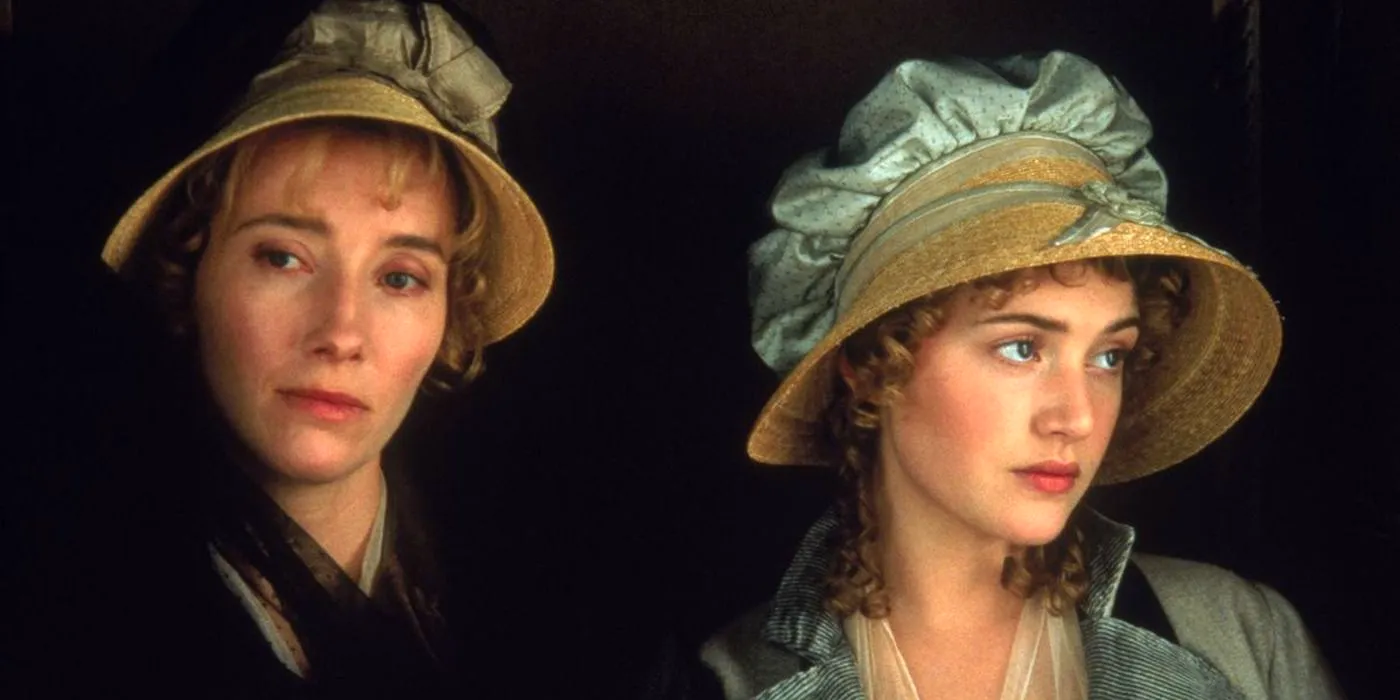 Emma Thompson and Kate Winslet in bonnets in Sense and Sensibility Image