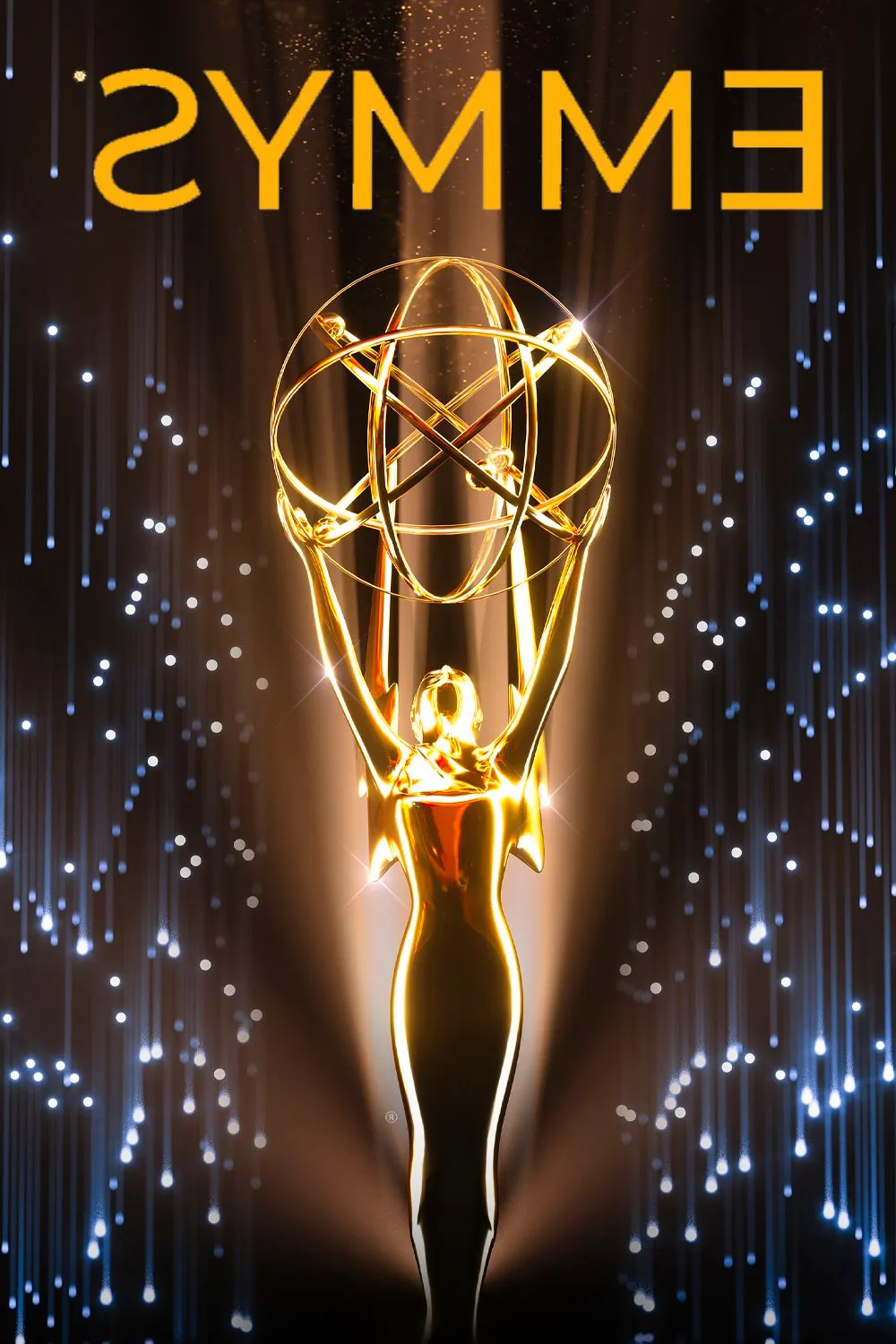 Emmy Awards Poster Featuring an Emmy Award Statue in Front of Sparkling Lights Image