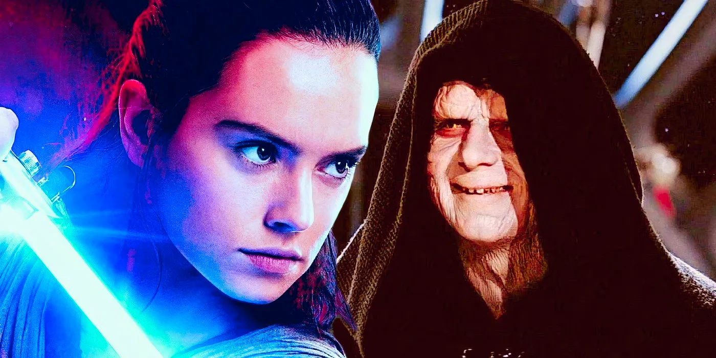 Emperor Palpatine (Ian McDiarmid) grinning in Return of the Jedi next to Rey Skywalker (Daisy Ridley) looking determined with her blue lightsaber in Star Wars: The Last Jedi Image