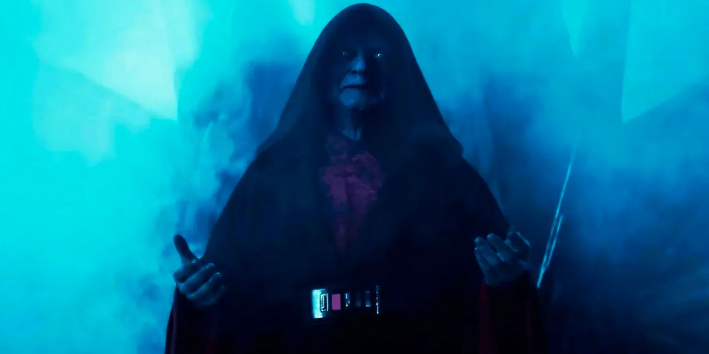 Emperor Palpatine standing in his throne room on Exegol. Image