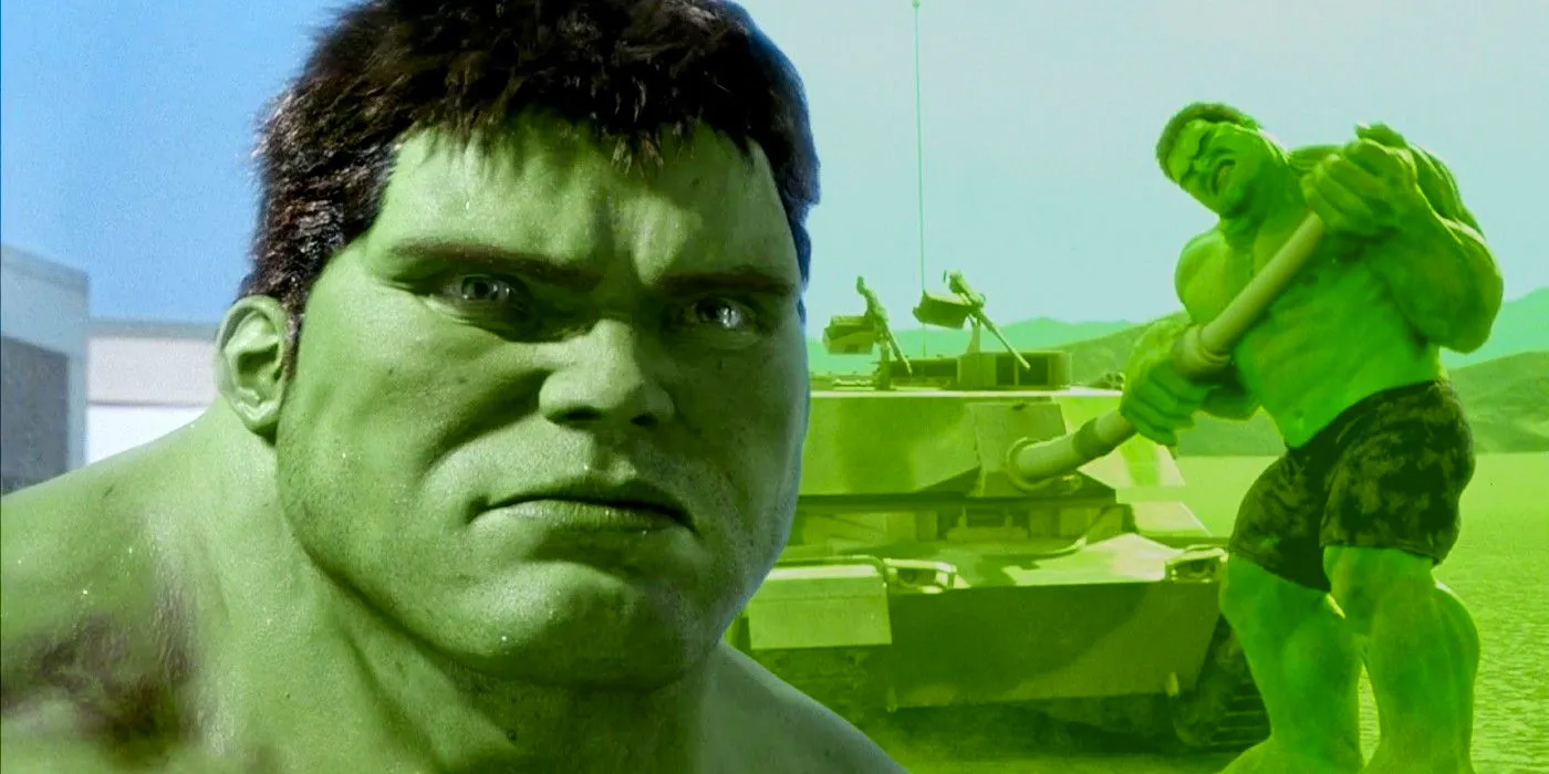 Eric Bana's Hulk looking serious in front of Hulk fighting a tank in Hulk Image