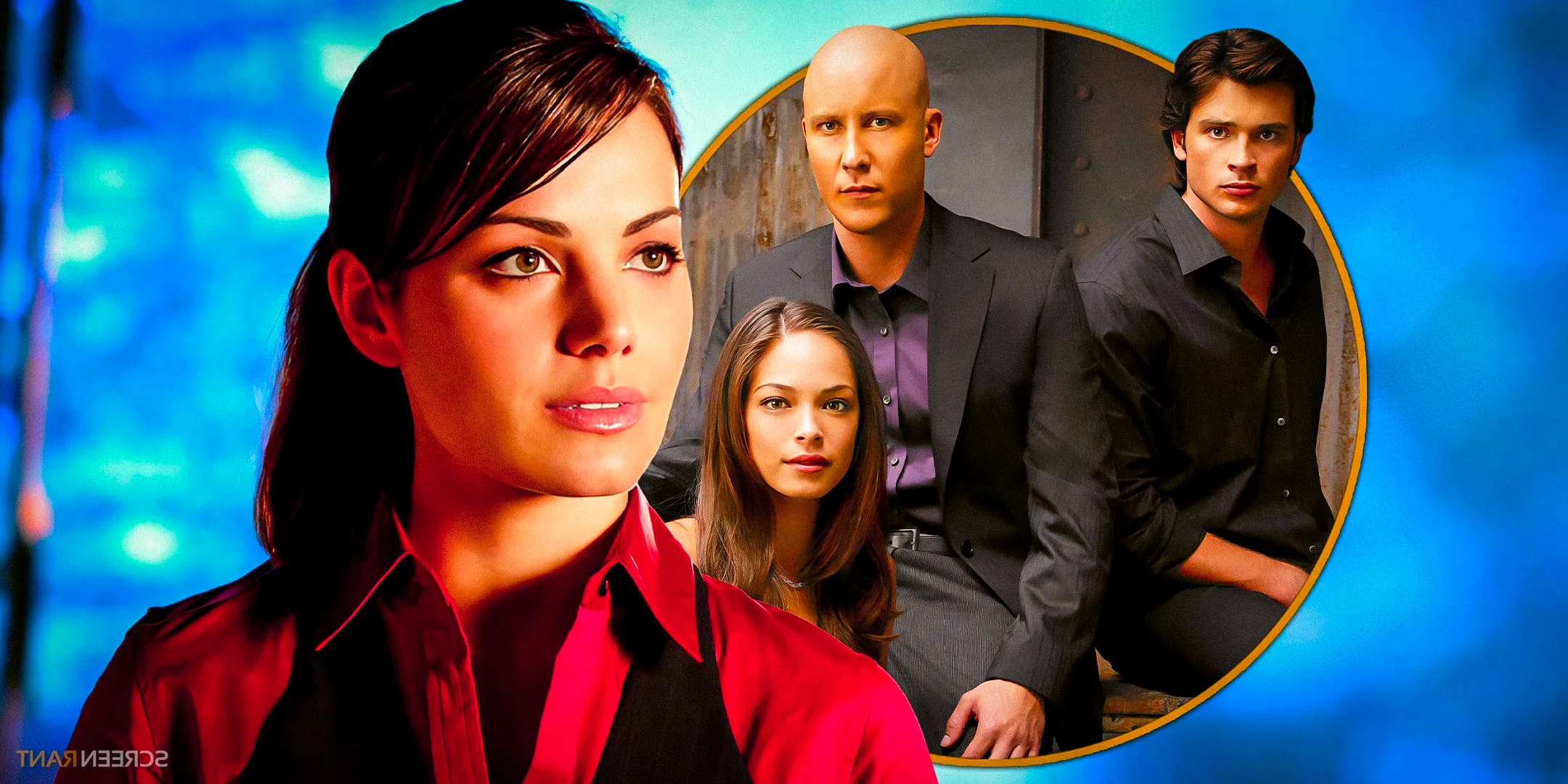 Erica Durance as Lois Lane with the cast of Smallville Image