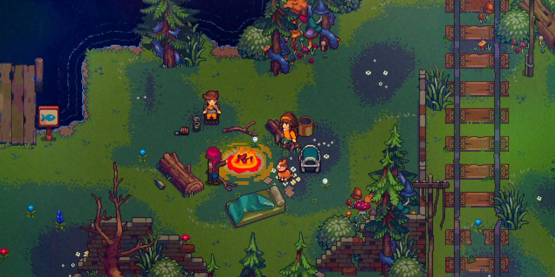 Ethan, Emily and other characters gathered around a fire in Bloomtown: A Different Story. Image