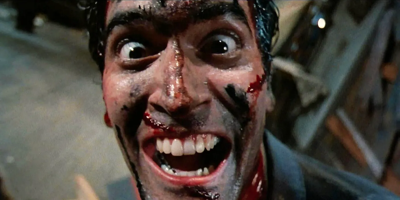 Evil Dead 2 Bruce Campbell as Ash Williams looking crazy. Image