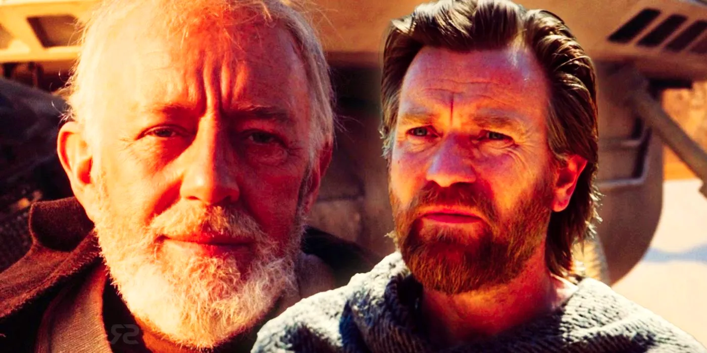 Ewan McGregor and Alec Guinness as Obi-Wan Kenobi. Image