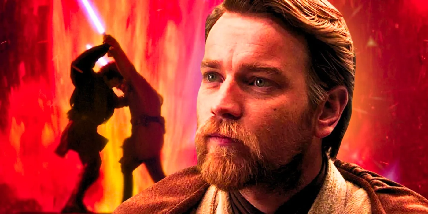 Ewan McGregor as Obi-Wan Kenobi from Revenge of the Sith in the foreground with Obi-Wan and Anakin's battle on Mustafar in the background Image