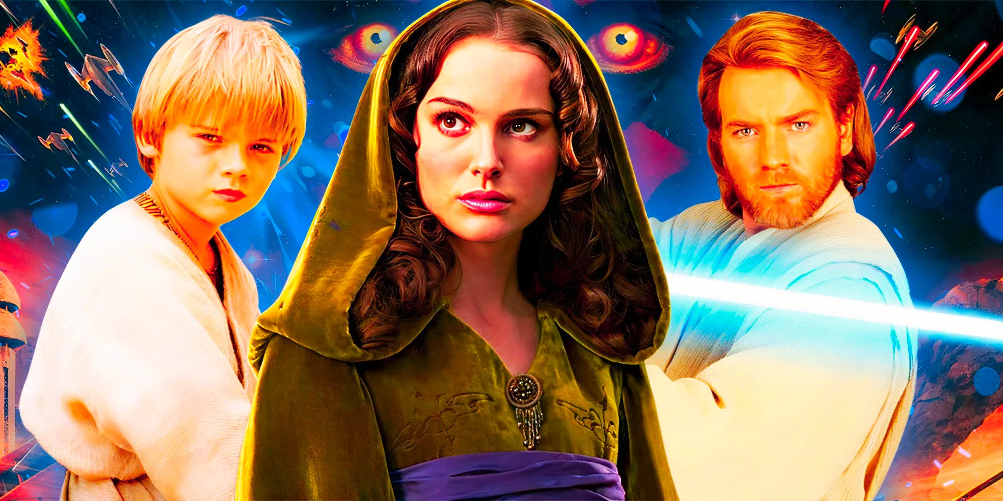 Ewan McGregor's Obi-Wan Kenobi wields his lightsaber, Natalie Portman's Padmé Amidala stands in her hooded gown, and Jake Lloyd's Anakin Skywalker looks off to the side, edited over a Phantom Menace poster Image