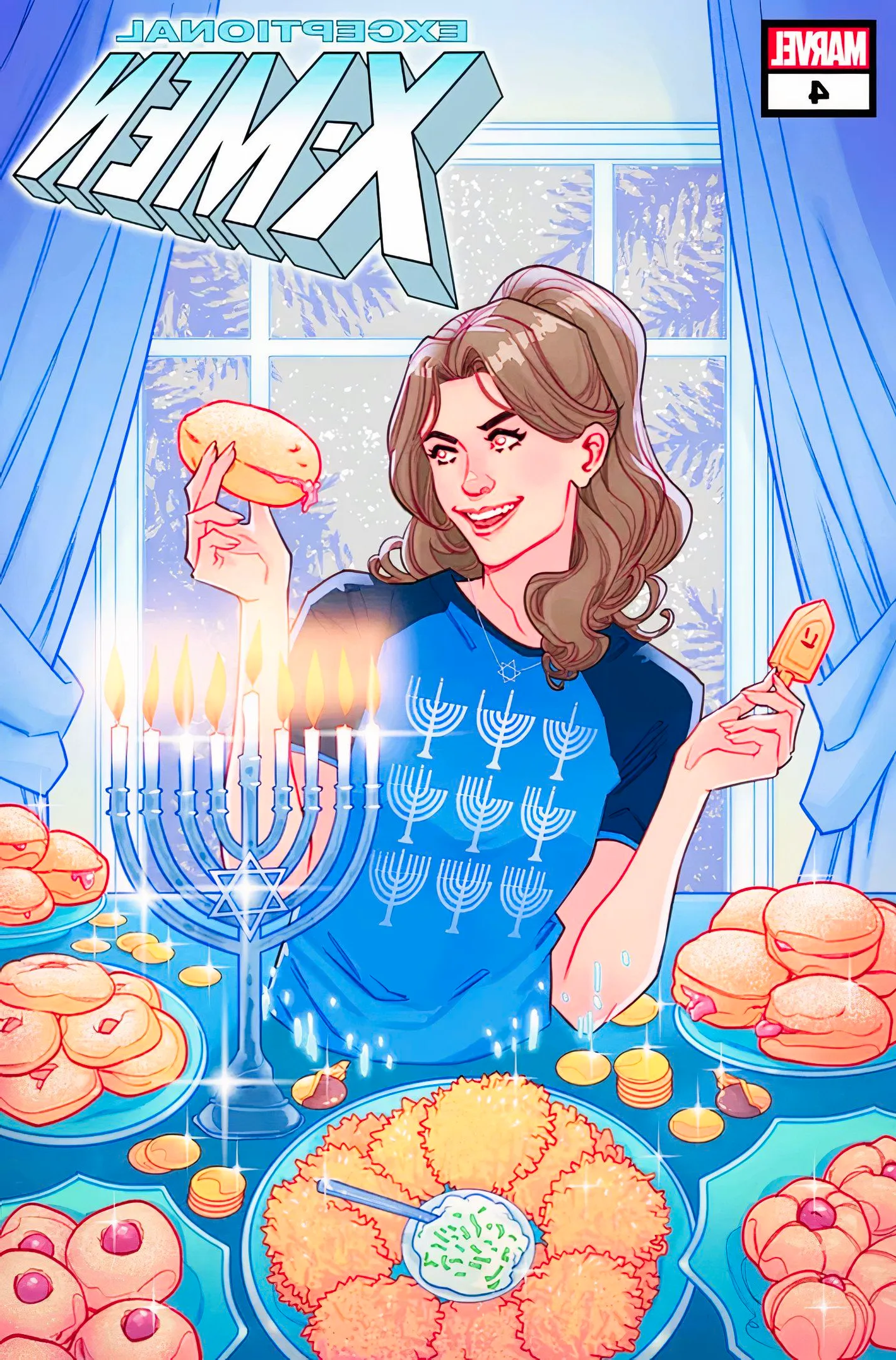 Exceptional X-Men #4 holiday variant, Kitty Pryde in front of a Hanukkah feast Image